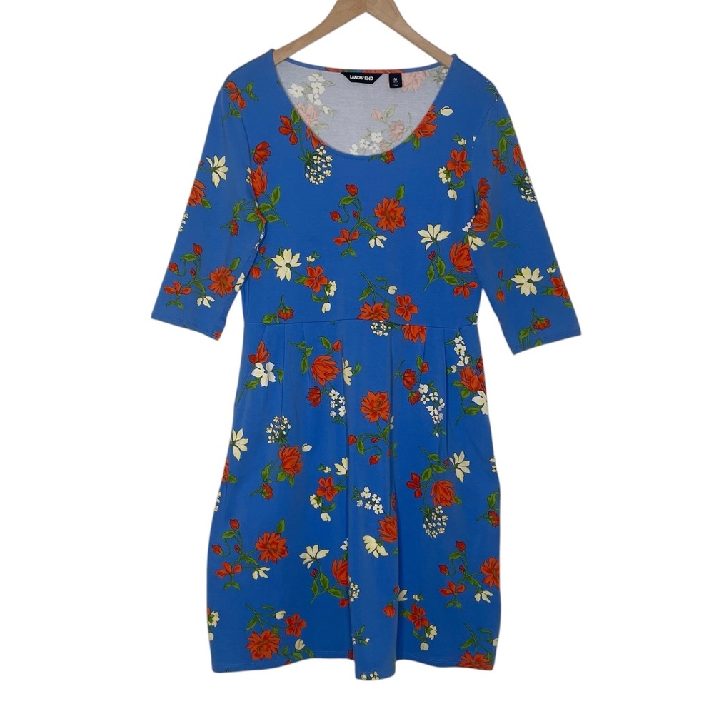 Lands End Colorful Blue Red/Orange Floral Dress Pockets Bright Preppy SZ M 10 12